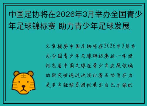 中国足协将在2026年3月举办全国青少年足球锦标赛 助力青少年足球发展