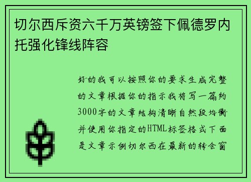 切尔西斥资六千万英镑签下佩德罗内托强化锋线阵容