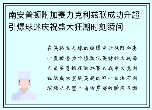 南安普顿附加赛力克利兹联成功升超引爆球迷庆祝盛大狂潮时刻瞬间